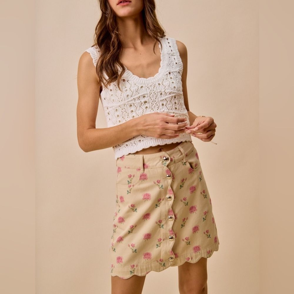 SO ME Floral Rose Print Cotton Twill Scallop Retro Mini Skirt Floral